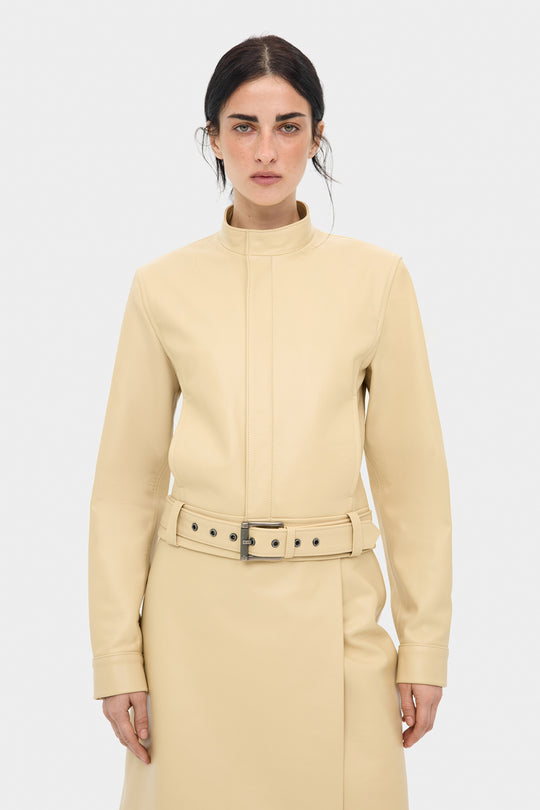 LILA SLIM FIT LEATHER MOTO JACKET IN PALE BANANA