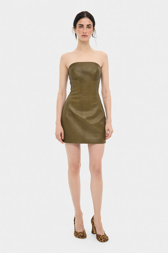 DESIREE LEATHER COCKTAIL MINI DRESS IN OLIVE