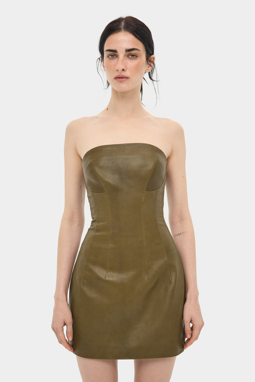 DESIREE LEATHER COCKTAIL MINI DRESS IN OLIVE