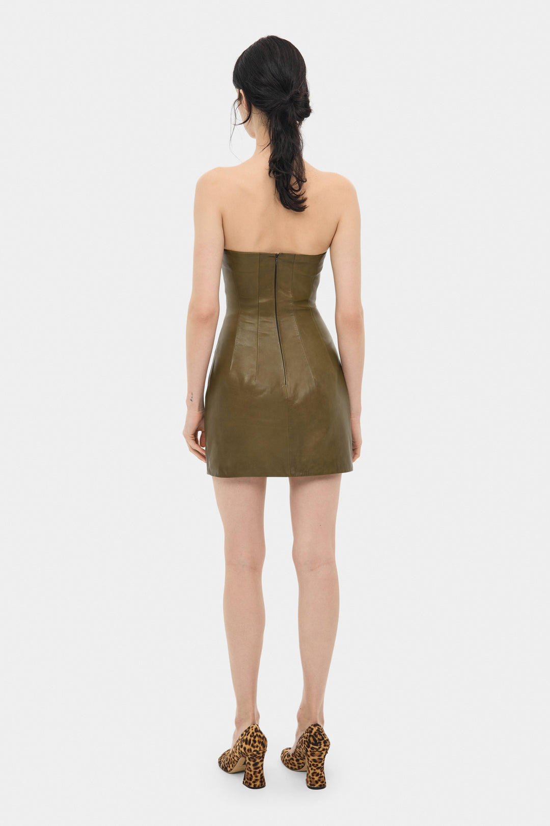 DESIREE LEATHER COCKTAIL MINI DRESS IN OLIVE