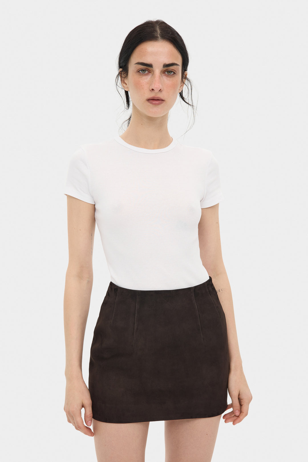 MACY SUEDE MINI SKIRT IN DARK BROWN