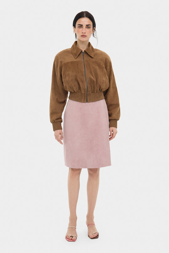 JENNIFER CROPPED SUEDE BOMBER JACKET IN TOBACCO