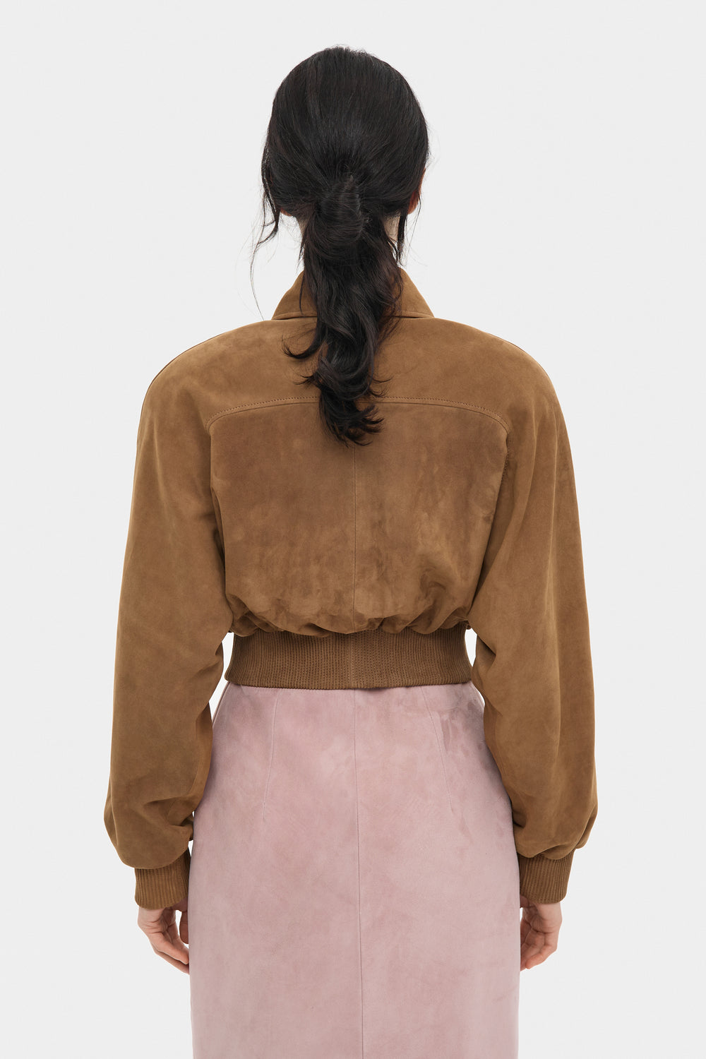 JENNIFER CROPPED SUEDE BOMBER JACKET IN TOBACCO