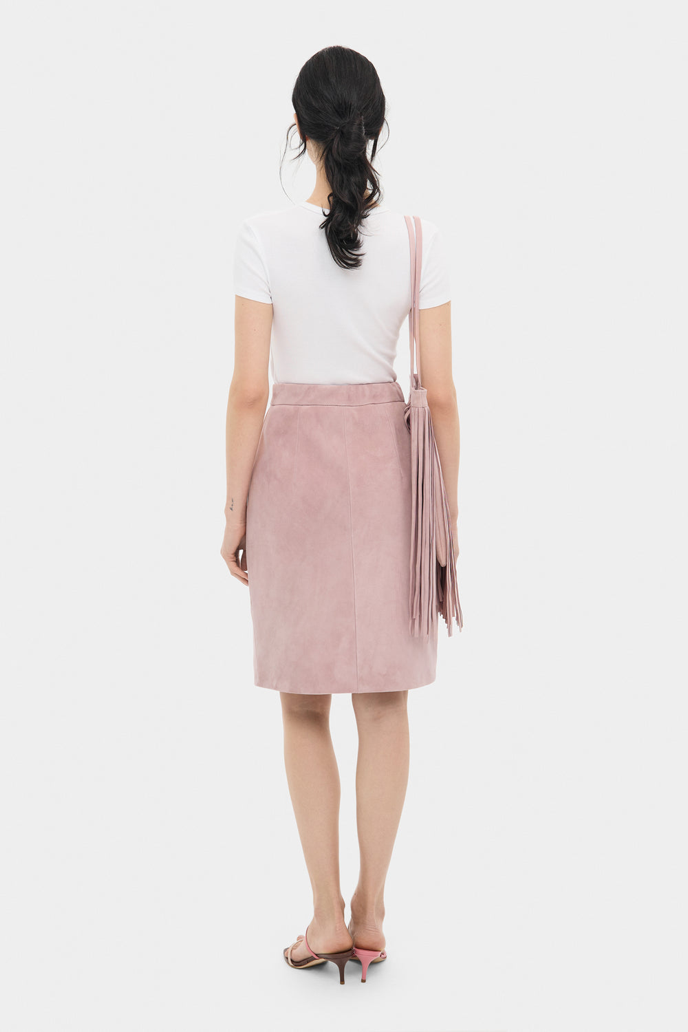 KATHRYN KNEE-LENGTH SUEDE SKIRT IN DUST PINK