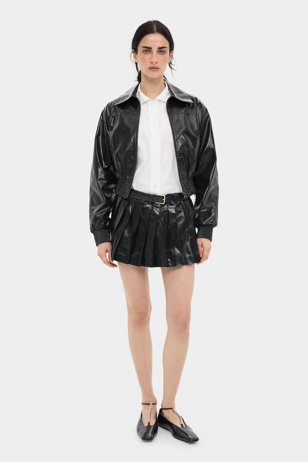 JENNIFER CROPPED LEATHER BOMBER JACKET IN VOID BLACK