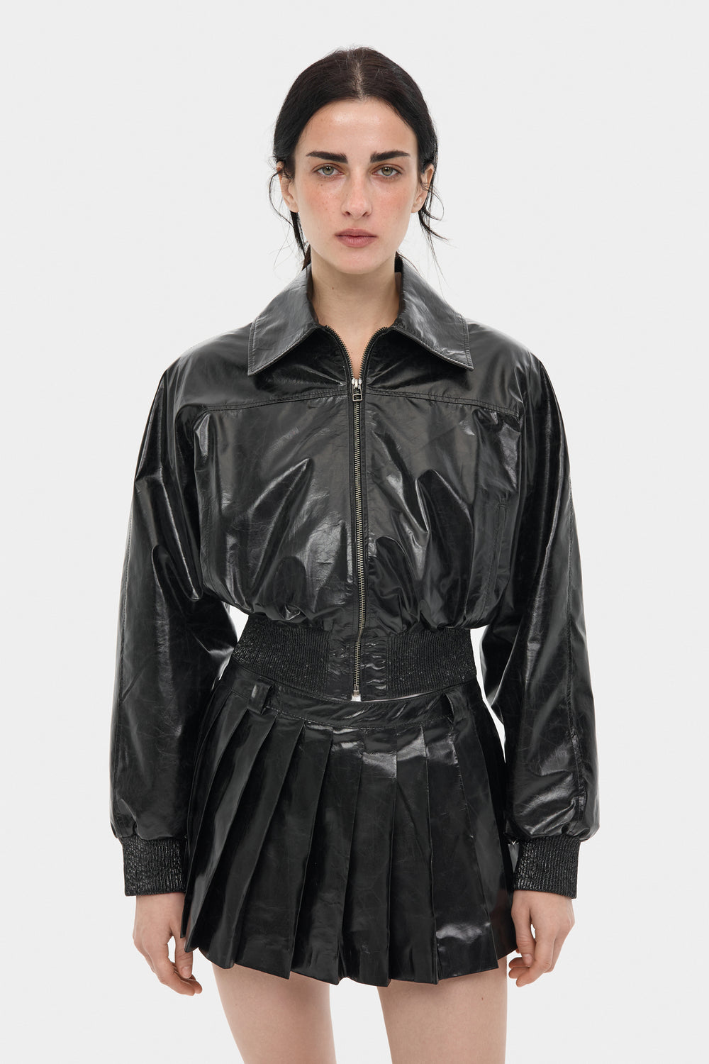 JENNIFER CROPPED LEATHER BOMBER JACKET IN VOID BLACK