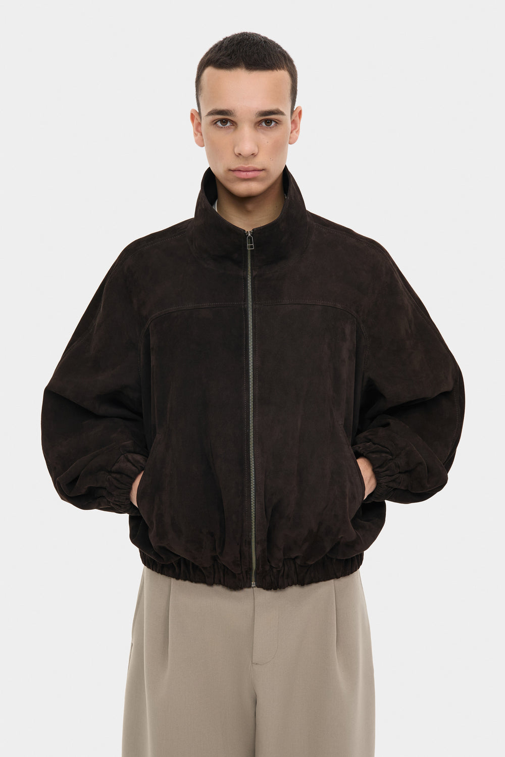 BLAIR SUEDE BOMBER JACKET WITH EXTRA WIDE SLEEVES IN DARK BROWN