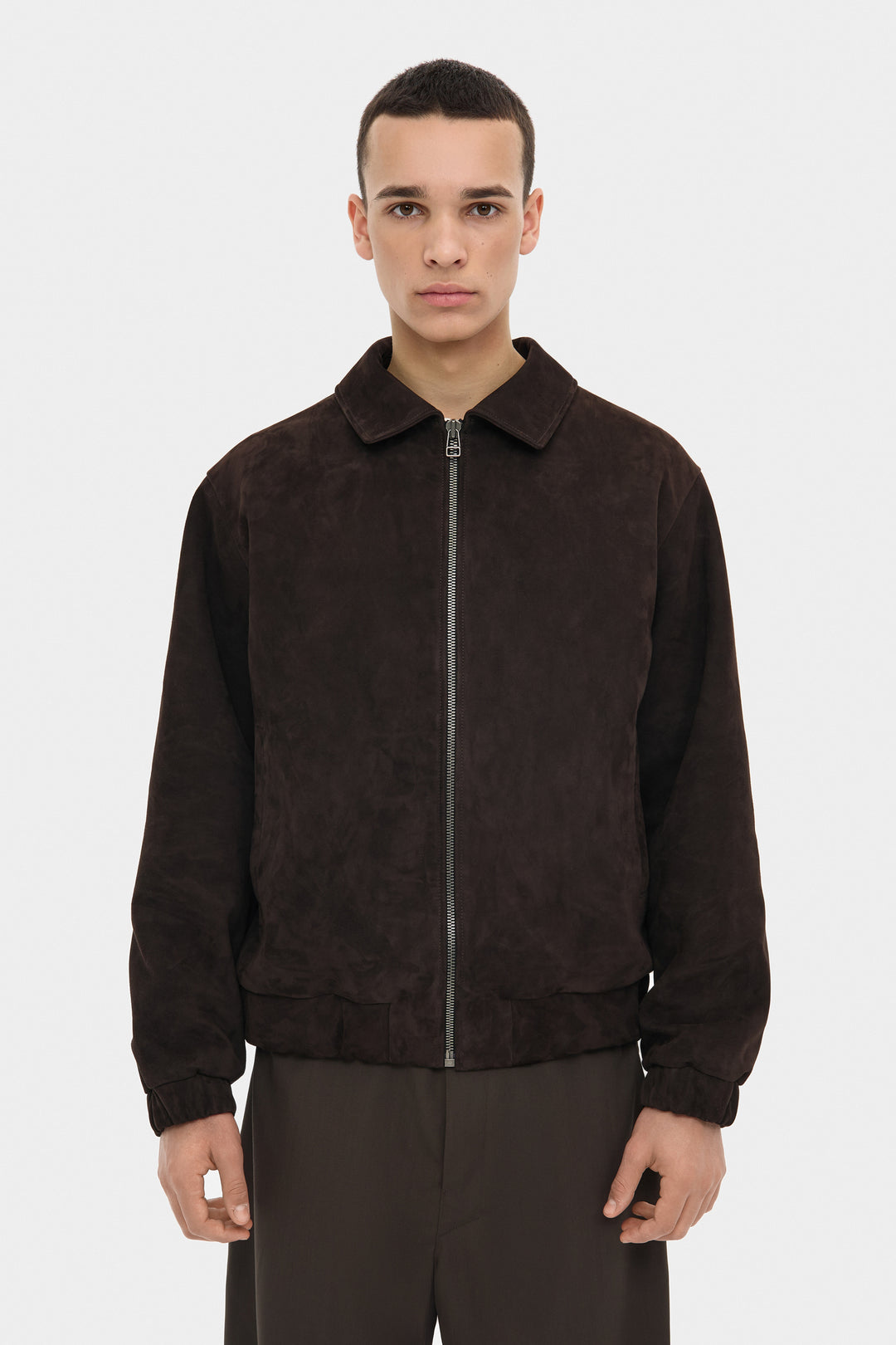 SAM PLAIN SUEDE BOMBER JACKET IN DARK BROWN