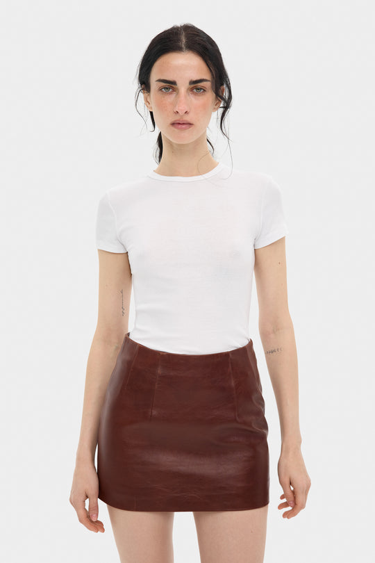 MACY LEATHER MINI SKIRT IN RUSSET BROWN