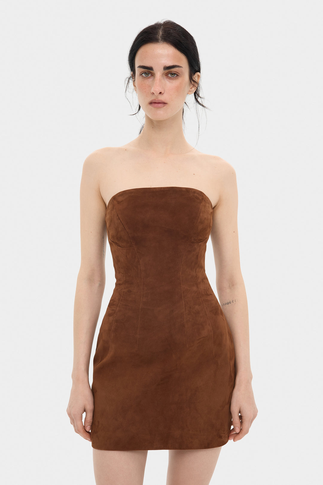 DESIREE SUEDE COCKTAIL MINI DRESS IN WHISKEY BROWN