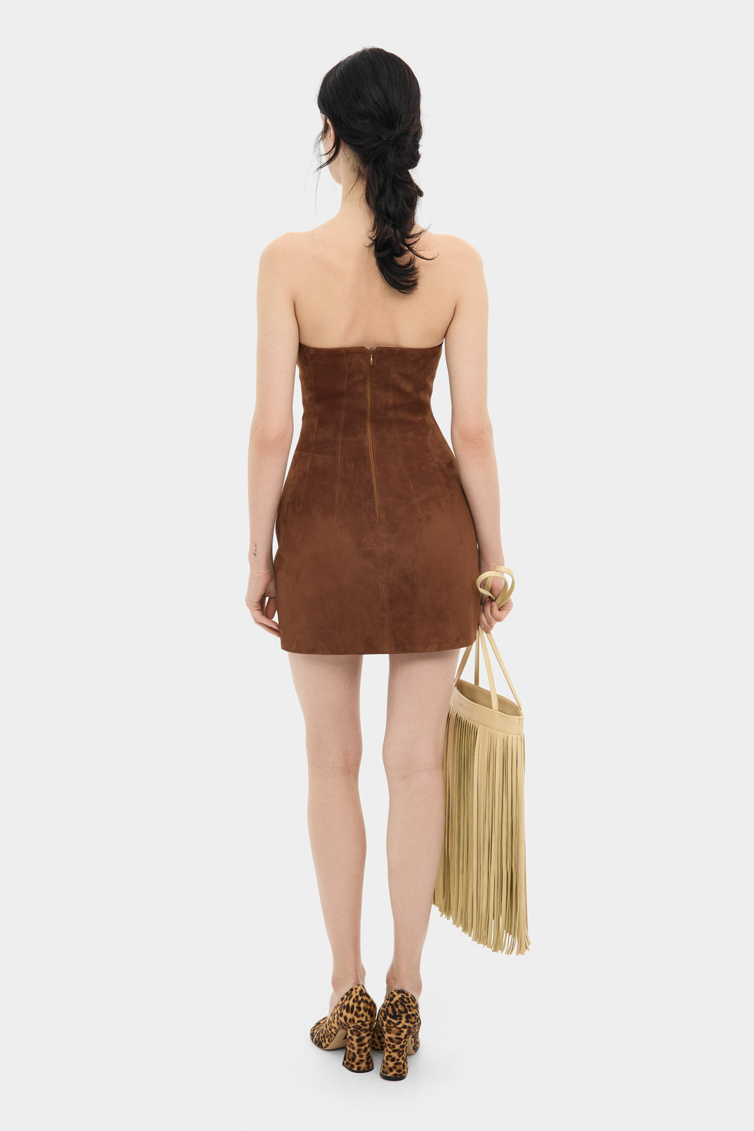 DESIREE SUEDE COCKTAIL MINI DRESS IN WHISKEY BROWN