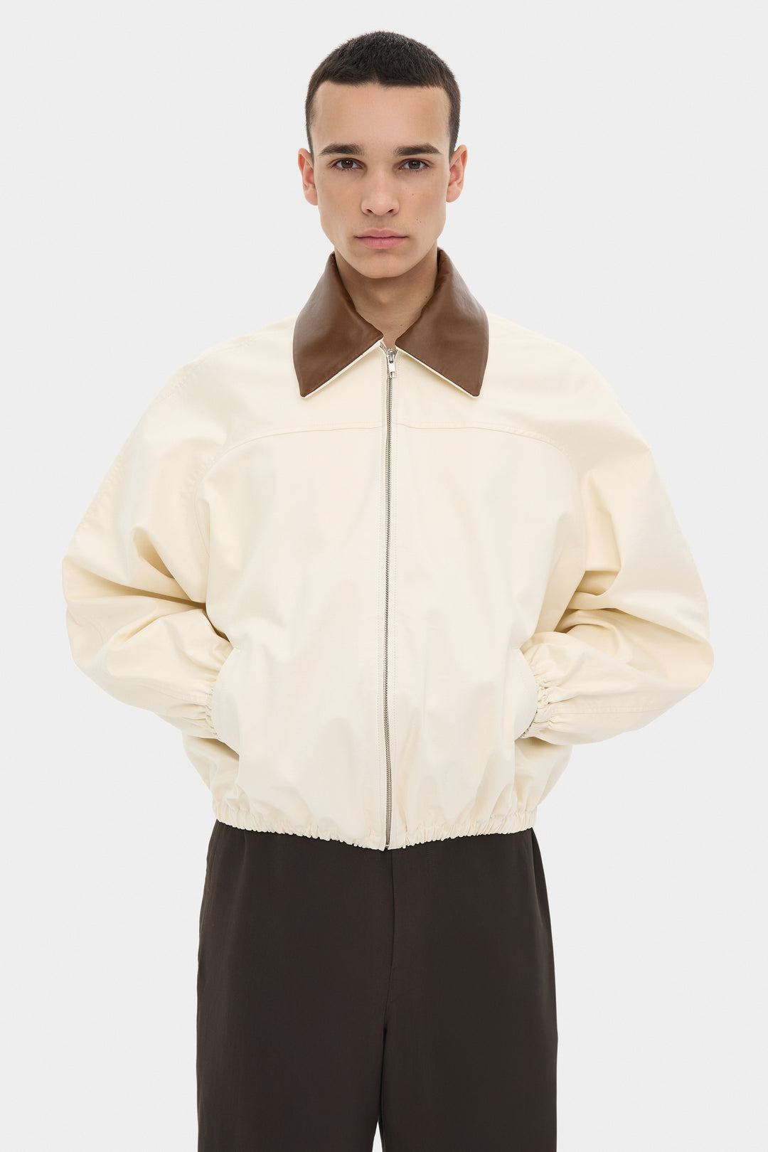 BLAIR COTTON BOMBER JACKET WITH DETACHABLE LEATHER COLLAR IN MILK