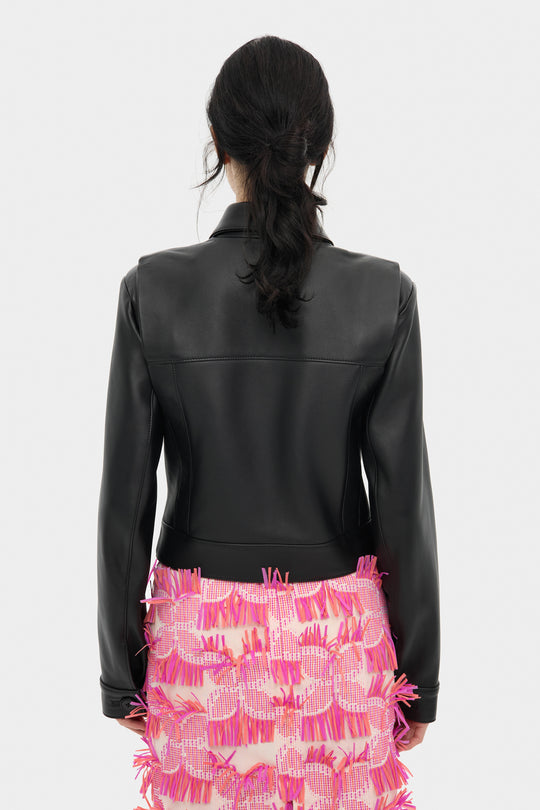 ADRIANA CROPPED BUTTON-UP LEATHER JACKET IN BLACK