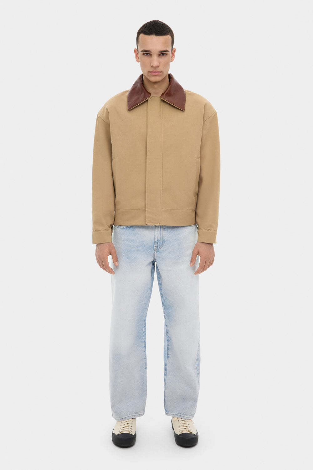 THOM COTTON BOMBER JACKET WITH DETACHABLE LEATHER COLLAR IN SAND