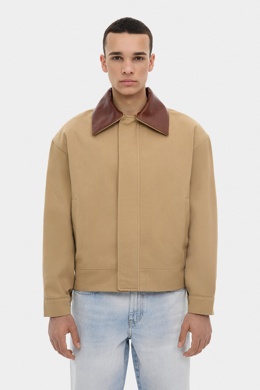 THOM COTTON BOMBER JACKET WITH DETACHABLE LEATHER COLLAR IN SAND