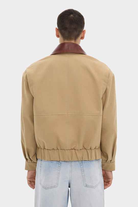 THOM COTTON BOMBER JACKET WITH DETACHABLE LEATHER COLLAR IN SAND