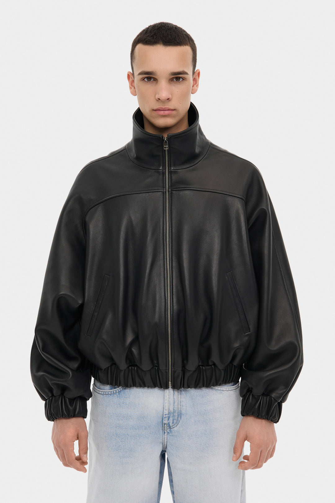 BLAIR LEATHER BOMBER JACKET WITH EXTRA WIDE SLEEVES IN BLACK