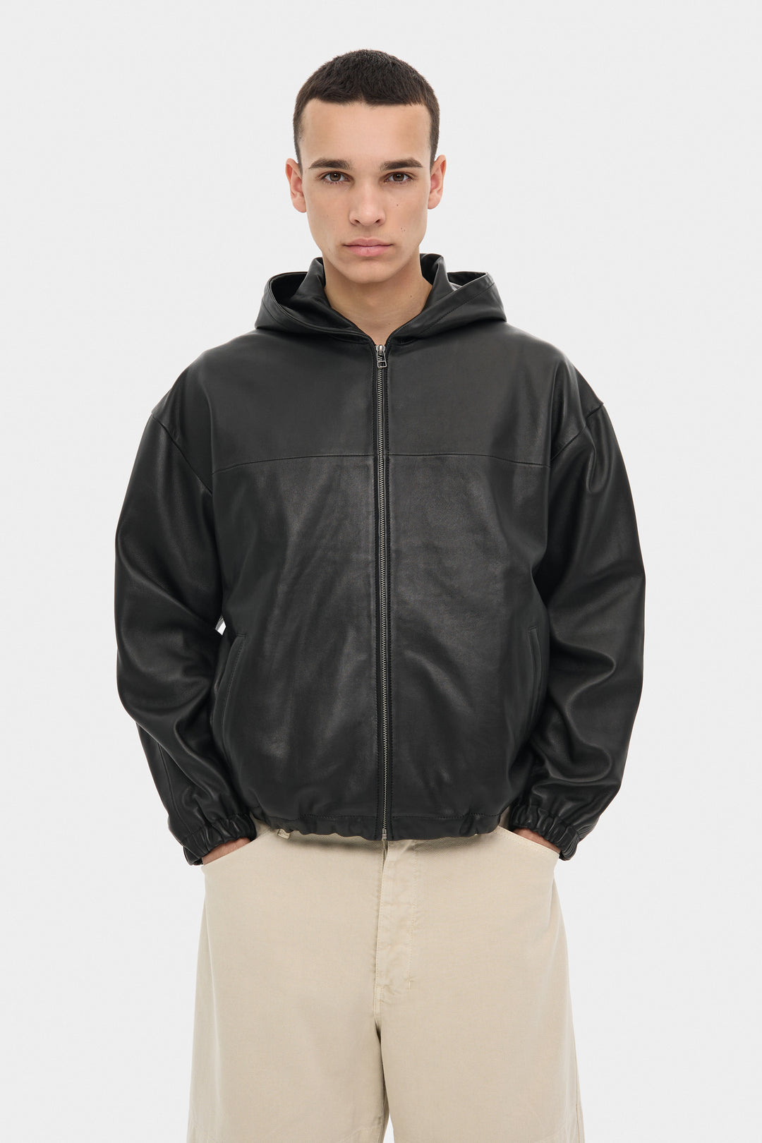 MARIO LEATHER HOODED JACKET IN BLACK