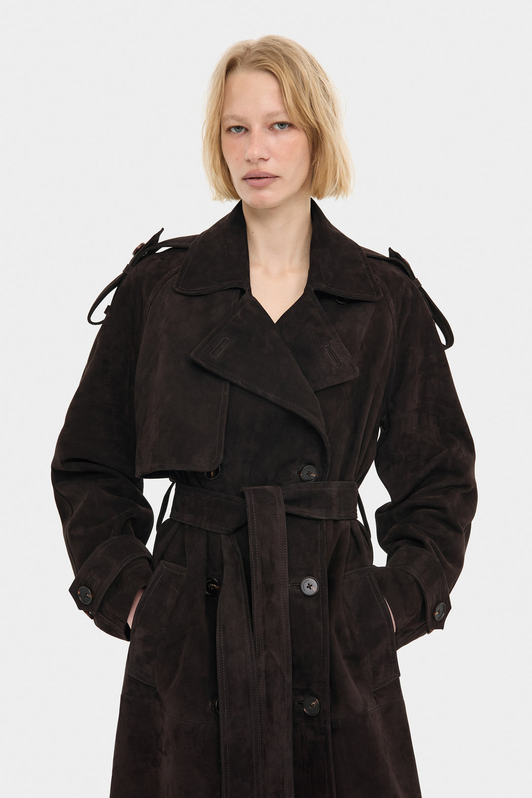 HAZEL SUEDE TRENCH COAT IN DARK BROWN