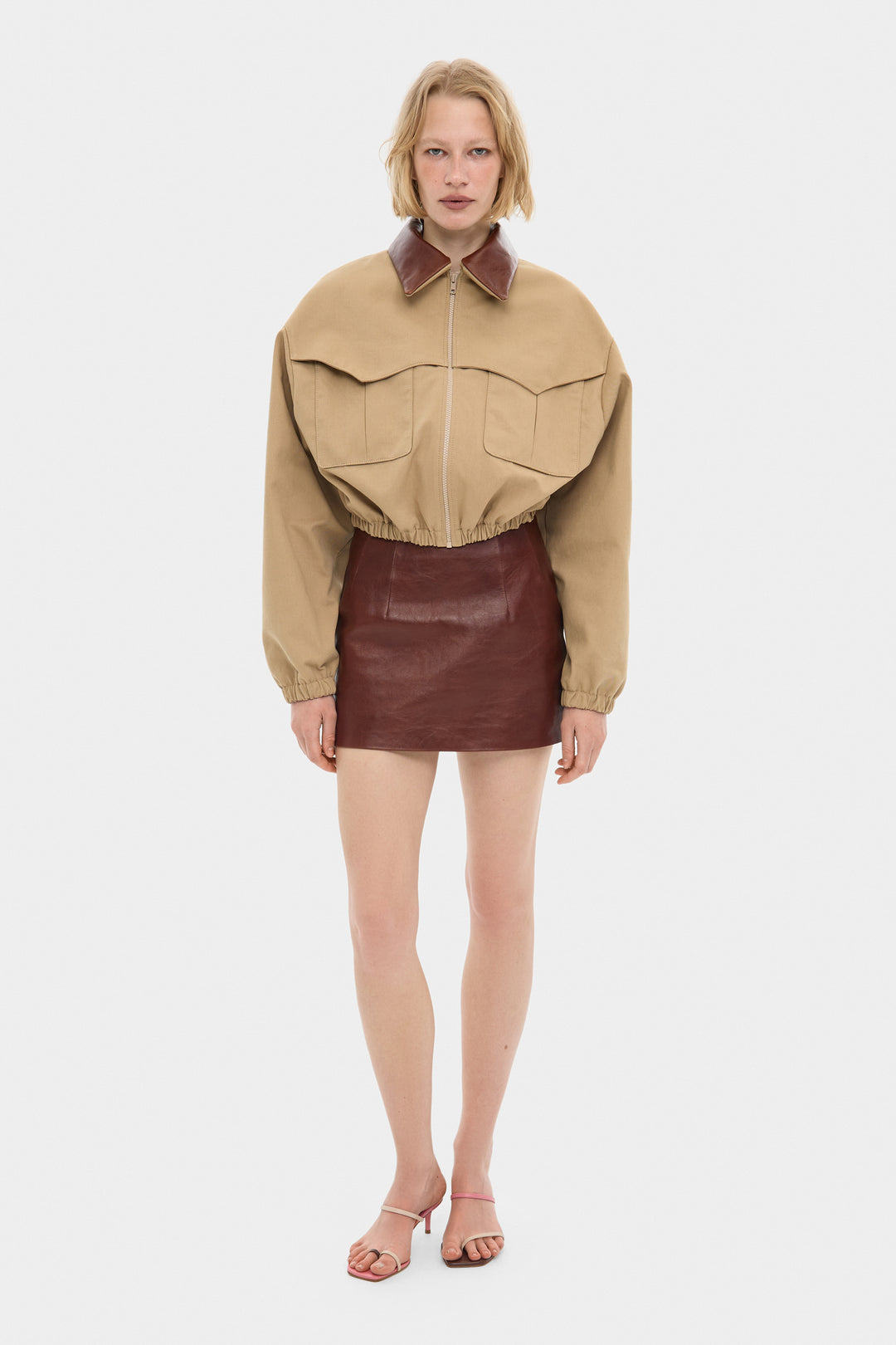 ADEL CROPPED COTTON BOMBER JACKET WITH DETACHABLE LEATHER COLLAR IN SAND