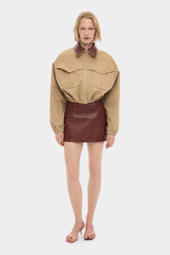 ADEL CROPPED COTTON BOMBER JACKET WITH DETACHABLE LEATHER COLLAR IN SAND