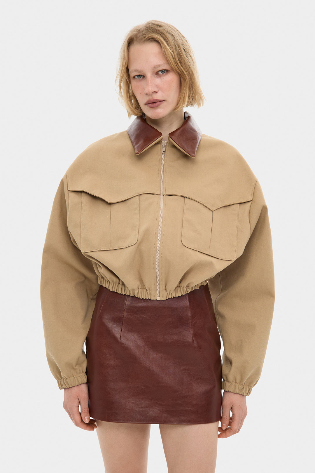 ADEL CROPPED COTTON BOMBER JACKET WITH DETACHABLE LEATHER COLLAR IN SAND