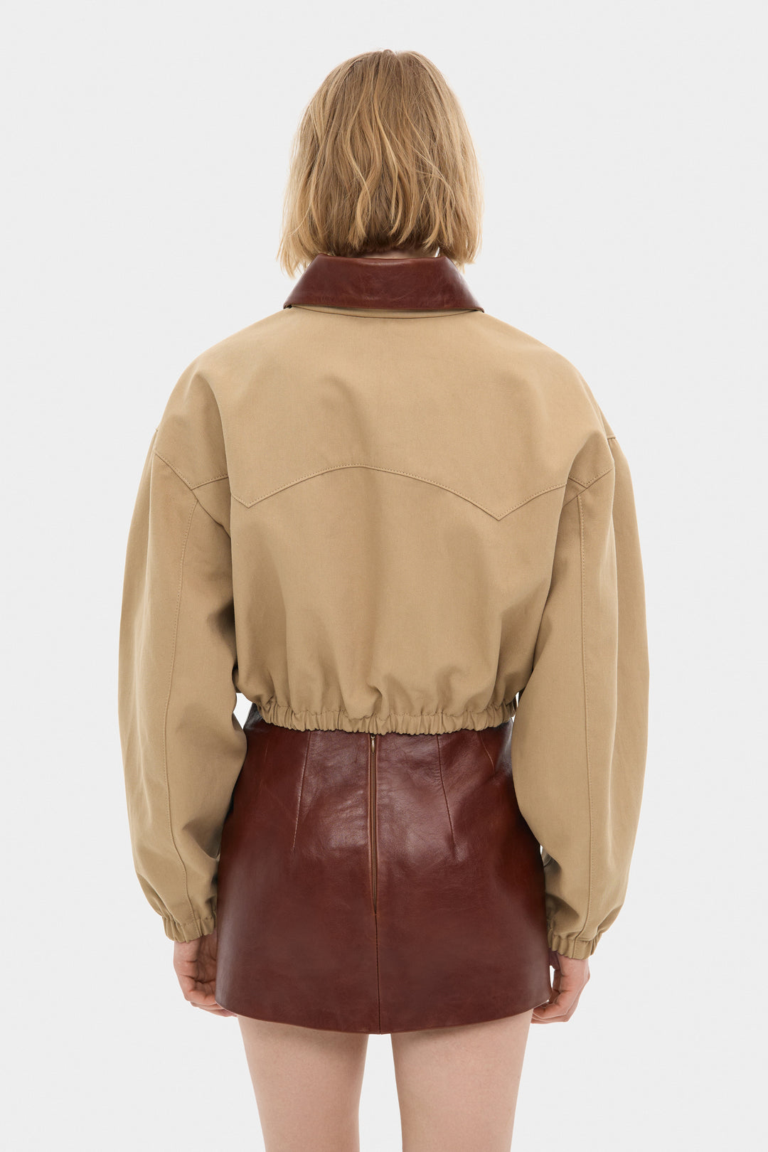 ADEL CROPPED COTTON BOMBER JACKET WITH DETACHABLE LEATHER COLLAR IN SAND