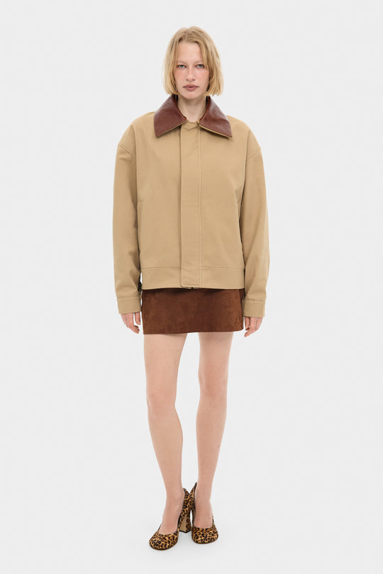 THOM COTTON BOMBER JACKET WITH DETACHABLE LEATHER COLLAR IN SAND