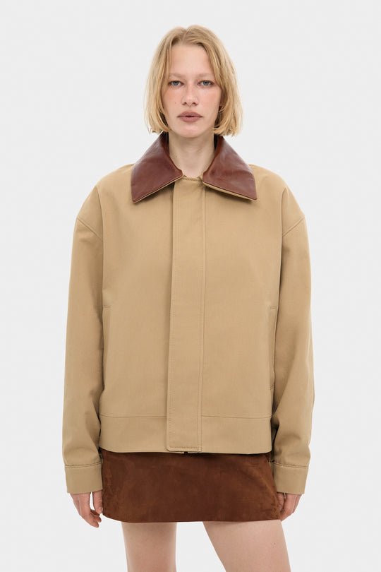 THOM COTTON BOMBER JACKET WITH DETACHABLE LEATHER COLLAR IN SAND