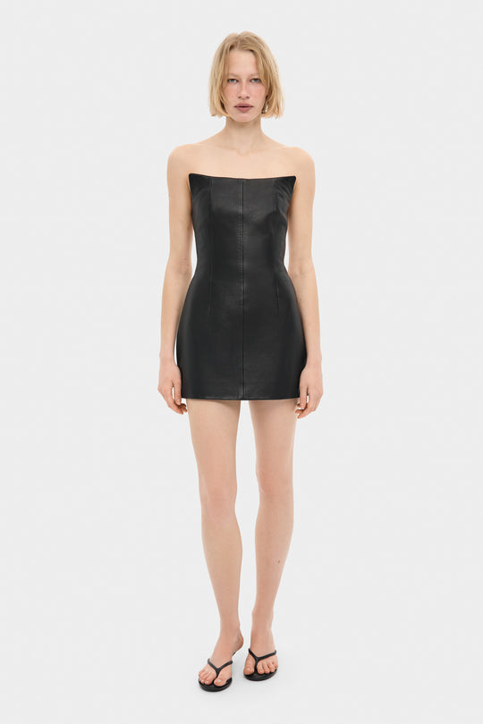 LILITH LEATHER COCKTAIL MINI DRESS IN BLACK