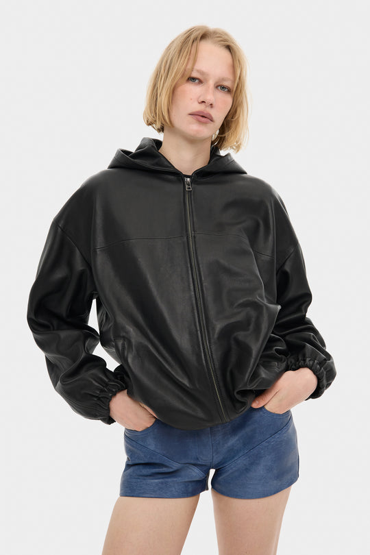 MARIO LEATHER HOODED JACKET IN BLACK