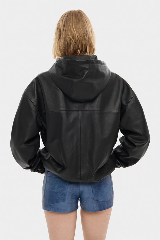 MARIO LEATHER HOODED JACKET IN BLACK