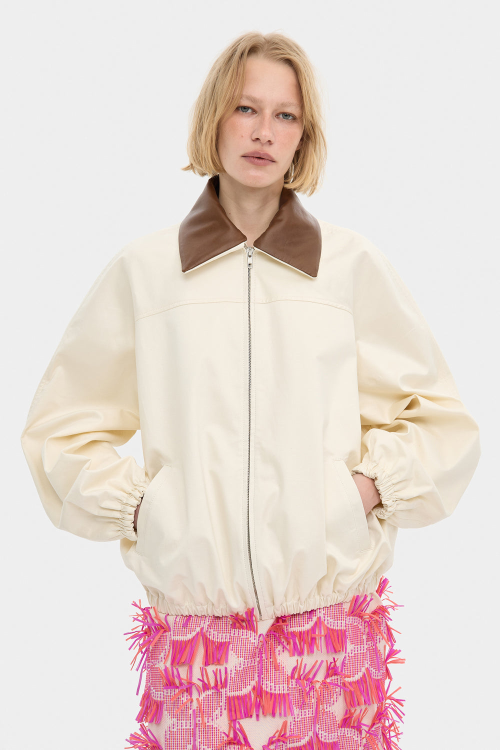 BLAIR COTTON BOMBER JACKET WITH DETACHABLE LEATHER COLLAR IN MILK