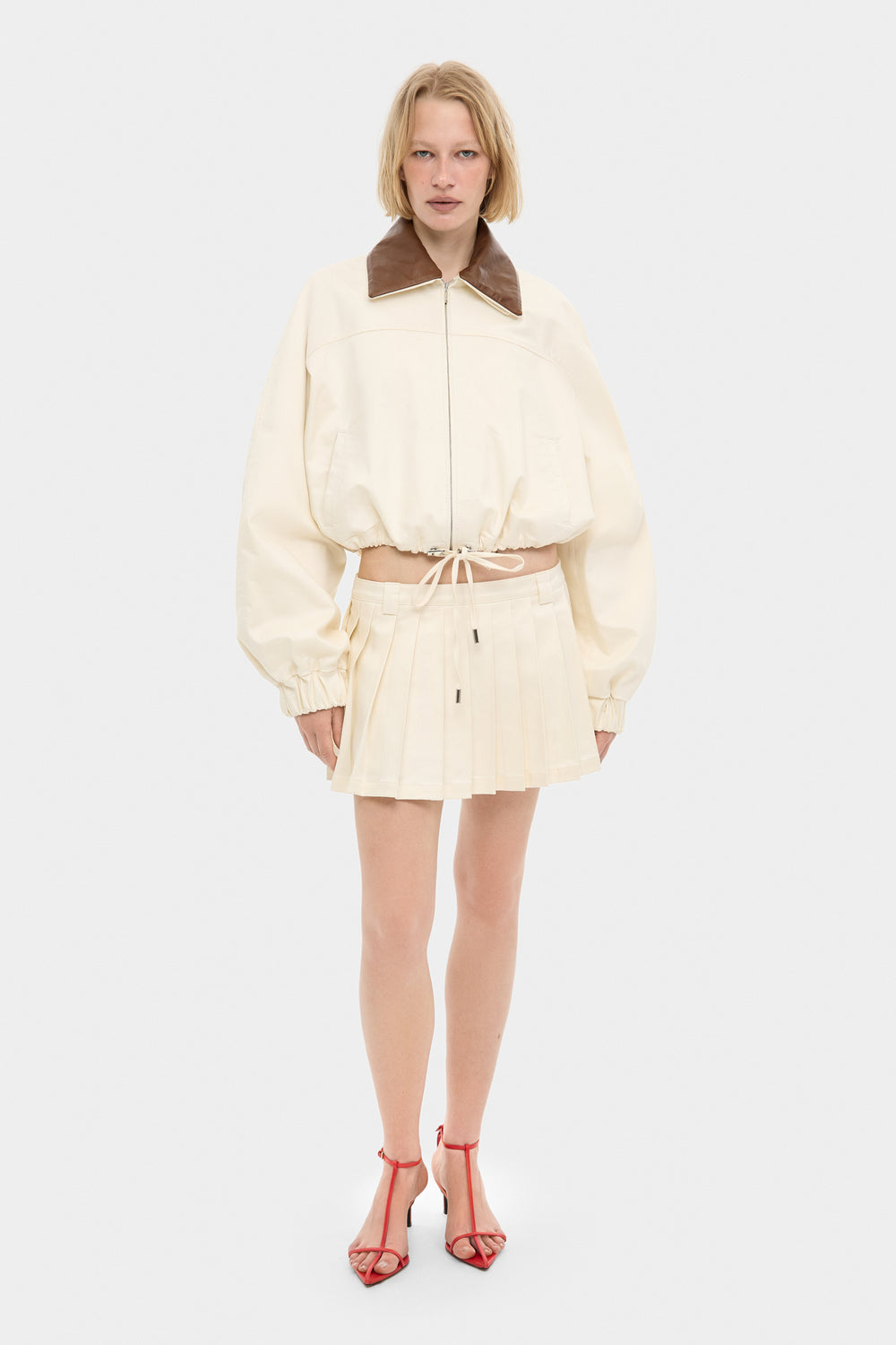 ADELINE OVERSIZED COTTON BOMBER JACKET WITH DETACHABLE LEATHER COLLAR IN MILK