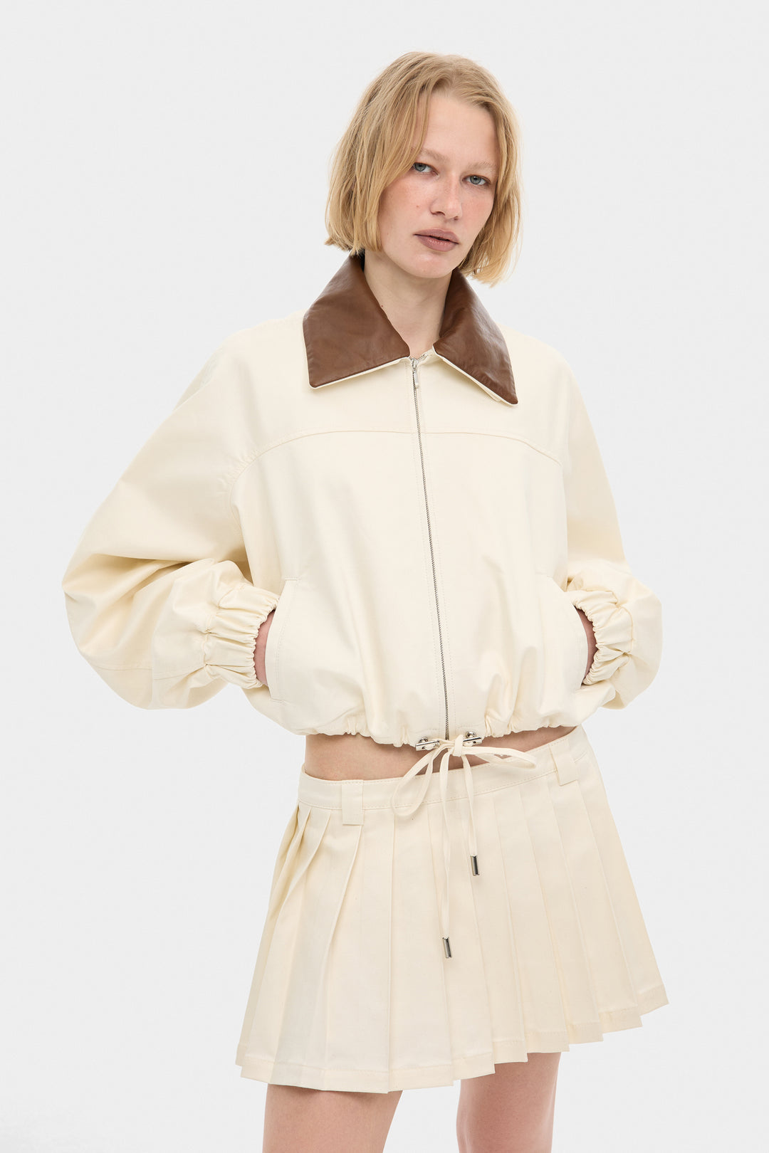 ADELINE OVERSIZED COTTON BOMBER JACKET WITH DETACHABLE LEATHER COLLAR IN MILK