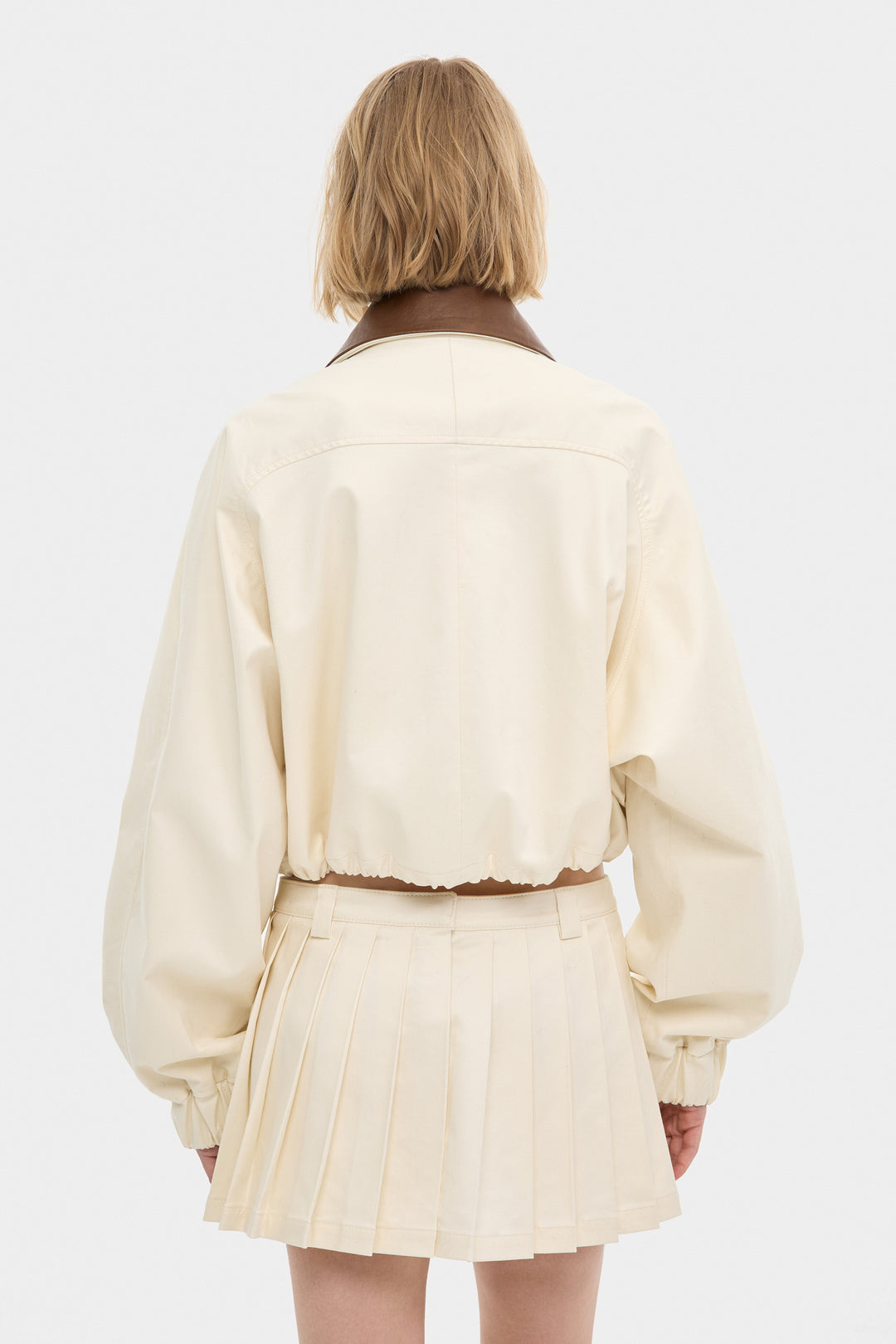 ADELINE OVERSIZED COTTON BOMBER JACKET WITH DETACHABLE LEATHER COLLAR IN MILK