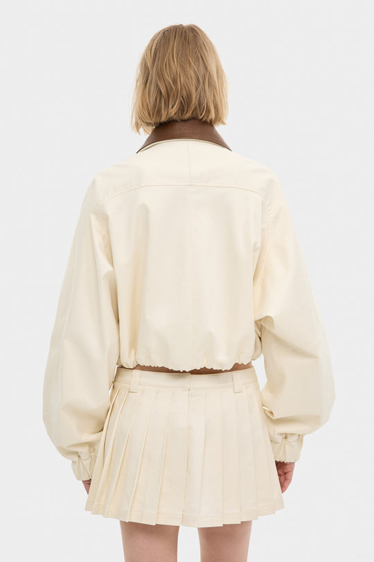 ADELINE OVERSIZED COTTON BOMBER JACKET WITH DETACHABLE LEATHER COLLAR IN MILK