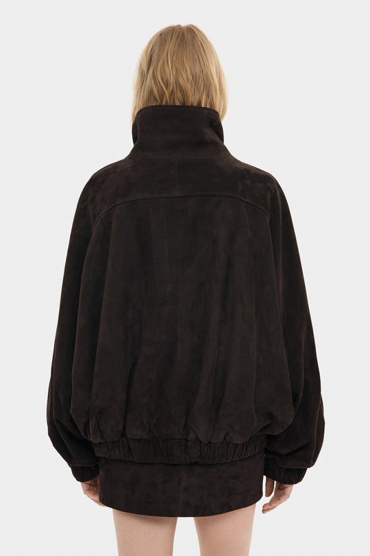 BLAIR SUEDE BOMBER JACKET WITH EXTRA WIDE SLEEVES IN DARK BROWN