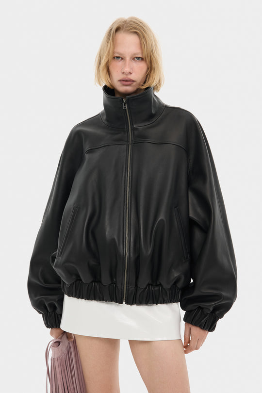 BLAIR LEATHER BOMBER JACKET WITH EXTRA WIDE SLEEVES IN BLACK