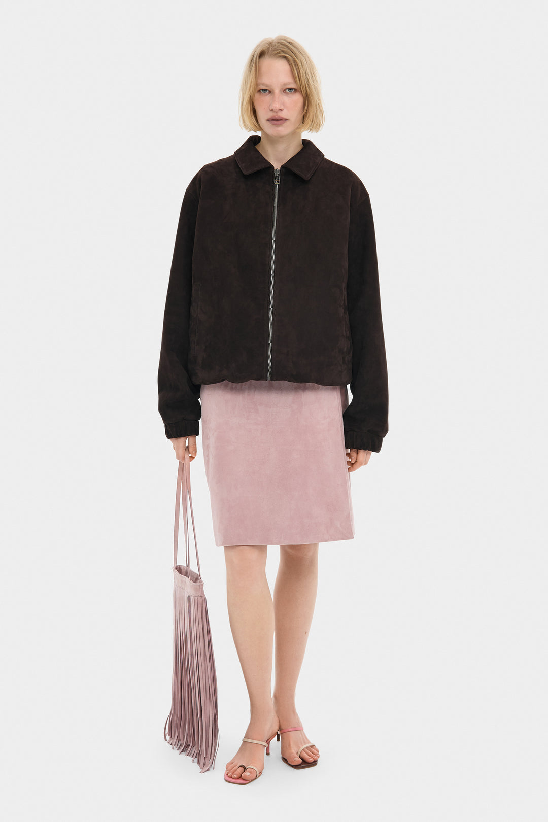 KATHRYN KNEE-LENGTH SUEDE SKIRT IN DUST PINK