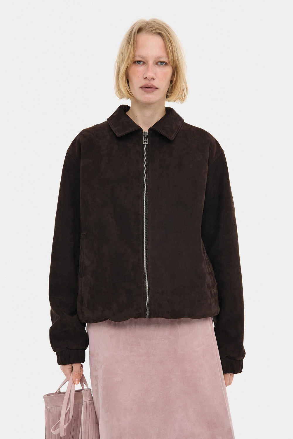 SAM PLAIN SUEDE BOMBER JACKET IN DARK BROWN