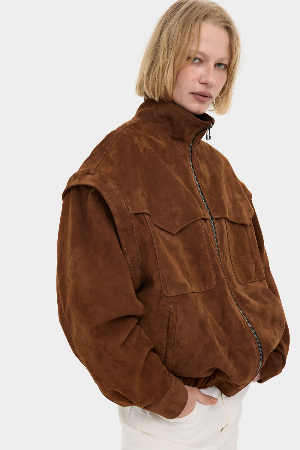 RACHEL ELONGATED TRANSFORMABLE SUEDE BOMBER JACKET IN BROWN