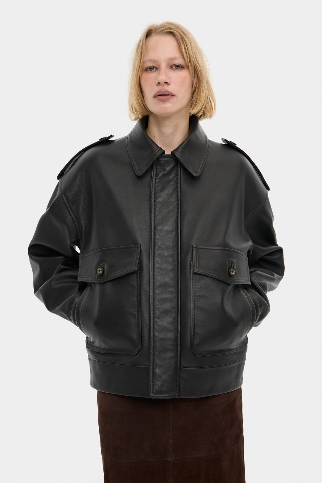 THOM LEATHER BOMBER JACKET IN DARK BROWN