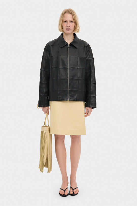 KATHRYN KNEE-LENGTH LEATHER SKIRT IN PALE BANANA