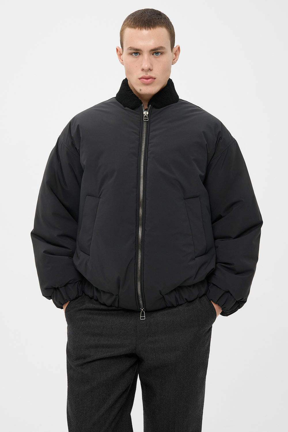 AARON PUFFER JACKET WITH SHEARLING COLLAR IN BLACK