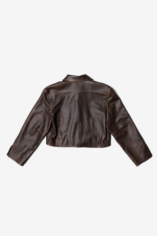 DAYANNA CROPPED LEATHER JACKET IN BROWN