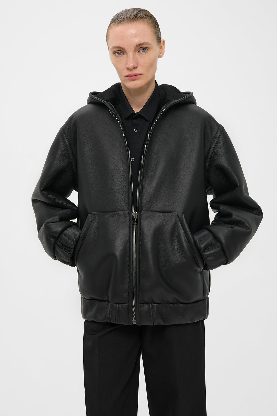 MERINO SHEARLING HOODED JACKET IN BLACK