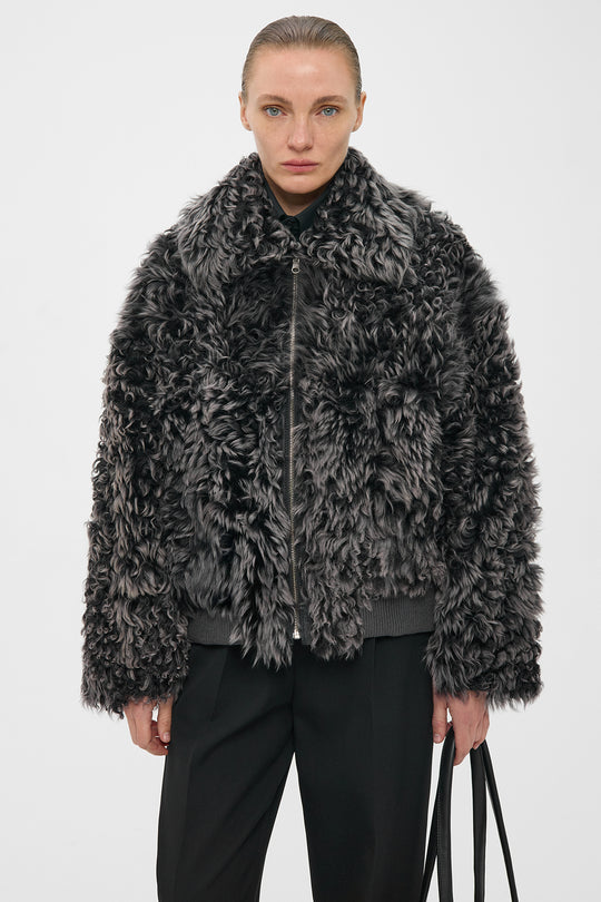 MAEVE REVERSIBLE SHEARLING BOMBER JACKET IN ONYX GREY