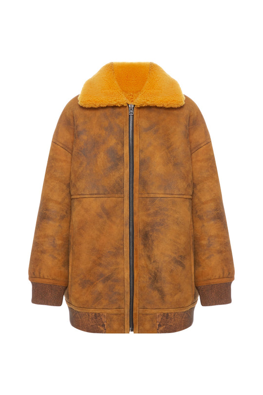OVERSIZE BOMBER IN AGED SHEARLING