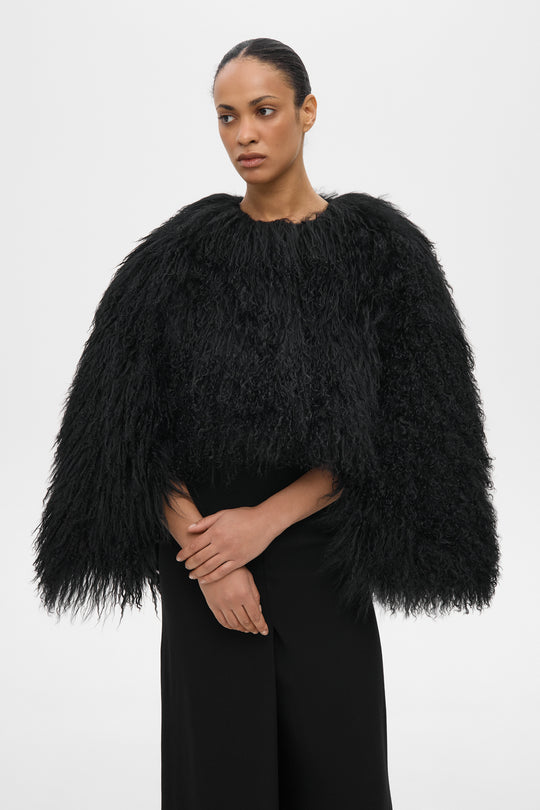 HANNAH SHEARLING CAPE COAT IN BLACK